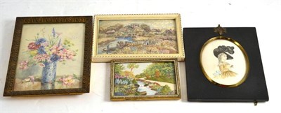 Lot 297 - Edith Andrews, miniature still life of flowers; and three embroidered miniature pictures (4)