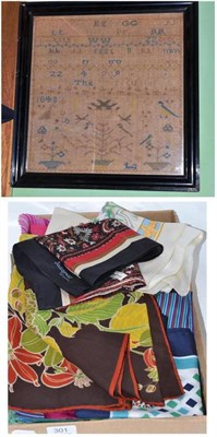 Lot 301 - Collection of silk and other scarves including Jacqmar etc and a framed sampler dated 1843 (faded)