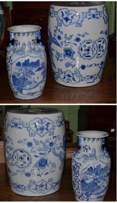 Lot 339 - A pair of modern Chinese blue and white garden seats and a pair of modern Chinese blue and...