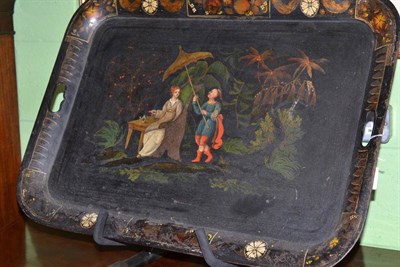 Lot 346 - A 19th century toleware two handled tray painted with lady in an empire style dress, taking tea...