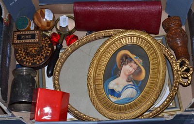 Lot 353 - An agate handle, two Tunbridgeware boxes, a Mauchlineware box, a treen caster, a bust portrait of a