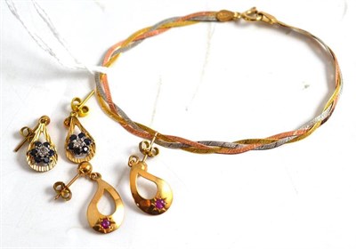 Lot 375 - A 9ct three colour gold bracelet and two pairs of earrings