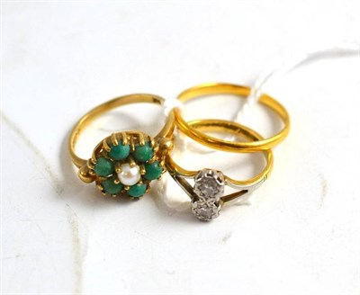 Lot 381 - A 22ct gold band ring, a diamond two stone ring and a cultured pearl and turquoise cluster ring