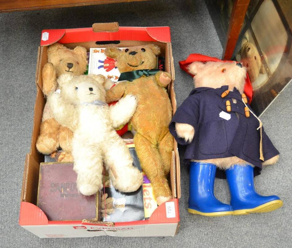 Lot 729 - Wendy Boston and other bears, Paddington and Rupert soft toys, framed Teddy bear print, various...