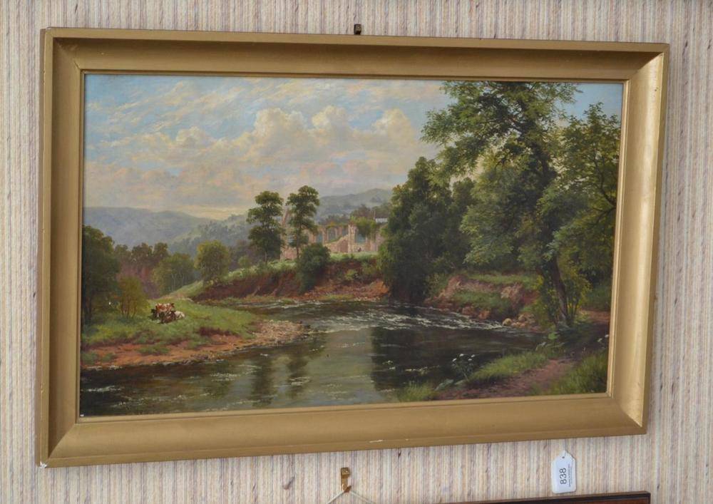 Lot 838 - George Cammidge (1846-1916), 'Bolton Abbey with cattle grazing', signed and dated 1880?, oil on...