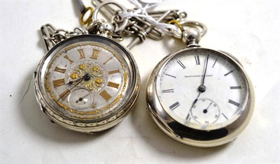 Lot 30 - An open faced pocket watch, case stamped 0.935, 52mm wide, with attached silver chain and an...