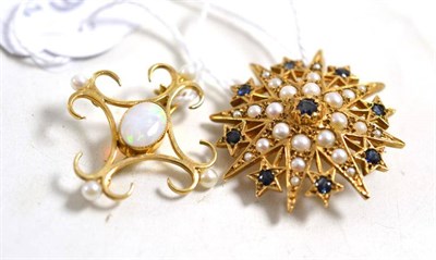 Lot 35 - A sapphire and split pearl star brooch/pendant, measures 3cm by 3.1cm and a 9ct gold opal and...