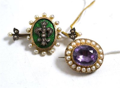 Lot 39 - A green enamelled diamond and seed pearl set fleur-de-lys brooch, measures 4cm by 2.2cm and a...