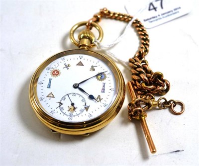 Lot 47 - A gold plated open faced pocket watch with a Masonic numeral dial and movement signed Thos...