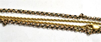 Lot 61 - A rope twist chain with applied plaque '9CT' and a belcher link chain