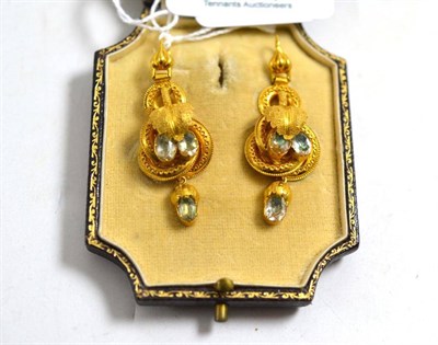 Lot 69 - A pair of Victorian drop earrings, set with foil backed stones, with granulated textures and...