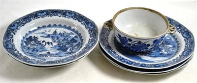 Lot 75 - Three 18th century Chinese export blue and white plates, 23cm diameter, two soup bowls, 22.5cm...