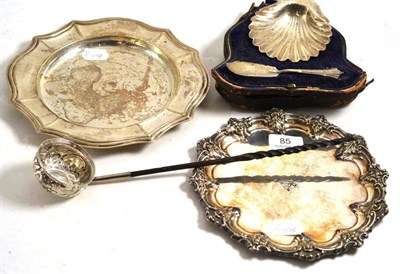 Lot 85 - Silver butter shell, toddy ladle and two plated waiters