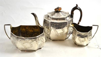 Lot 95 - A George III three piece tea service, Naphtali Hart, London 1804/05, the octagonal teapot with...