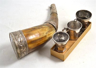 Lot 105 - South American antique powder horn, two small silver mugs and another mug