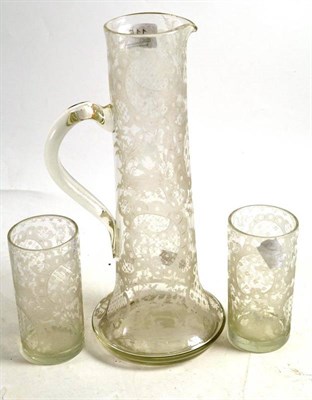 Lot 115 - Etched Victorian cordial jug and a pair of tumblers