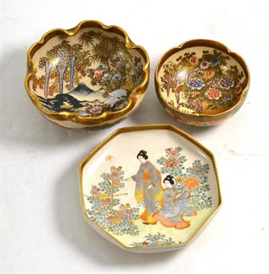 Lot 116 - Two Japanese Satsuma bowls and a similar octagonal dish painted with geishas (3)