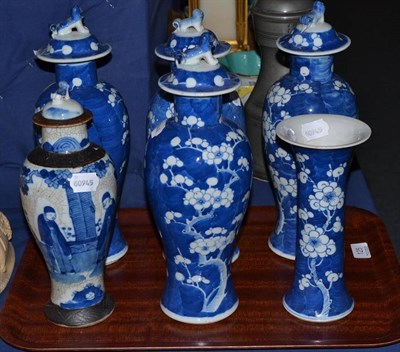 Lot 125 - Six various late 19th century Chinese blue and white vases, five with covers, various heights...