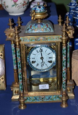 Lot 127 - A gilt metal champleve enamel striking four glass mantel clock, 20th century, 41cm high