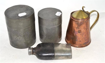 Lot 131 - Two Swatow pewter caddies, covers and liners, copper and brass mounted insulated flagon and hip...