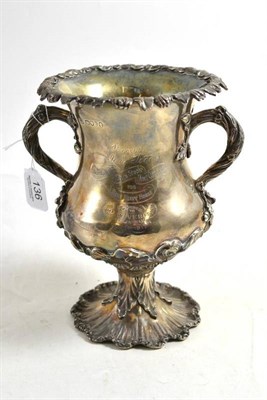 Lot 136 - Victorian silver twin handled trophy cup embossed with sailing boats, inscribed 'Presented to...