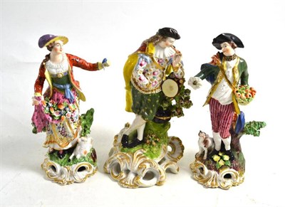 Lot 155 - A pair of Bloor Derby figures, Gardener and Companion, and another Derby figure of a flautist, each