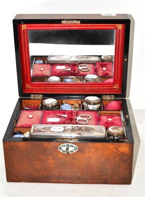 Lot 188 - A burr walnut vanity box, fully fitted to the interior with an arrangement of compartments and...