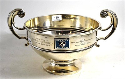 Lot 189 - Masonic interest: a silver twin handled pedestal bowl presented by The Charity Lodge no. 4105, with