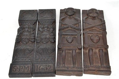 Lot 195 - A pair of oak pew ends, one dated ";1632"; and another pair (4)