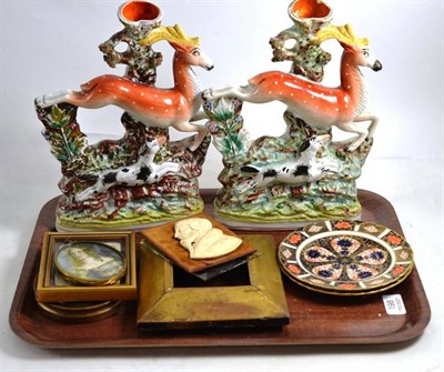 Lot 198 - A pair of 19th century flat-back Staffordshire figures of running deer (a.f.), two Royal Crown...