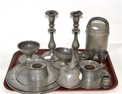 Lot 203 - A quantity of pewter including two inkwells, salts, candlesticks etc