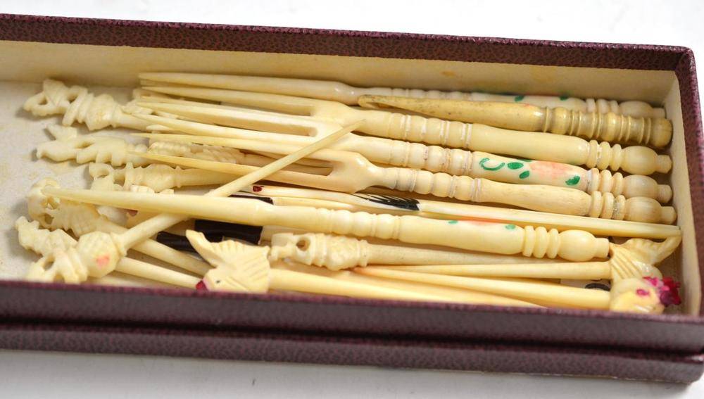 Lot 205 - Box of ivory cocktail sticks and sundry