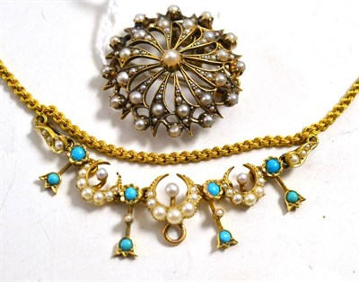 Lot 211 - A Victorian split pearl brooch, measures 3.1cm in diameter, and a seed pearl and turquoise set...