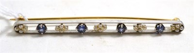 Lot 214 - Seed pearl and sapphire bar brooch, length 6.7cm