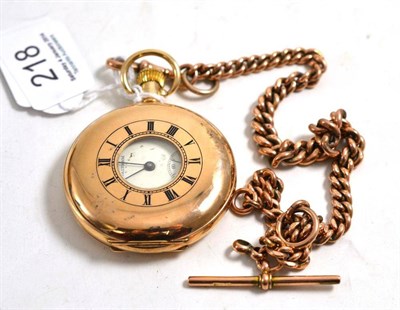 Lot 218 - A 9ct gold half hunter pocket watch, signed Waltham, Chester hallmark for 1924, 49mm wide, and...