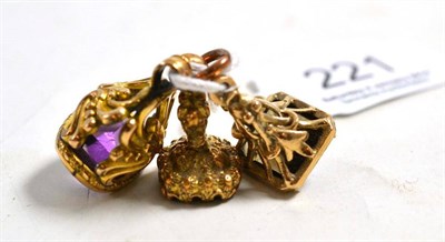 Lot 221 - A bloodstone set seal fob, a purple stone seal fob and a 9ct gold smokey quartz fob (3)