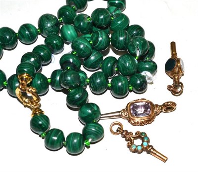 Lot 245 - A malachite bead necklace, length 51cm and three gem set watch keys, with stones including...