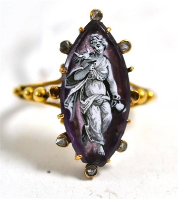 Lot 256 - A mourning ring, a marquise amethyst with enamel depiction of an angel overlaid, with rose cut...