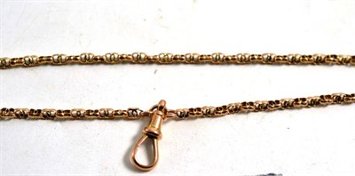 Lot 259 - A fancy link guard chain, swivel catch stamped '9C' and applied panel '9CT', length 79cm (chain...