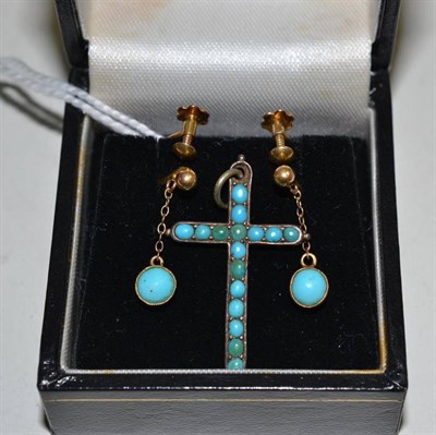 Lot 267 - A pair of turquoise set drop earrings, with screw-on fittings, stamped '9CT', drop length...