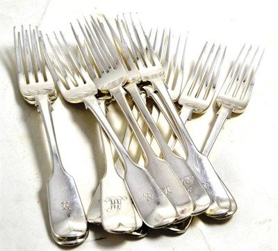 Lot 275 - A set of six Victorian silver fiddle pattern dessert forks with initials and crests, Newcastle...