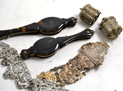 Lot 276 - A Continental white metal necklace, a chatelaine and two tortoiseshell lorgnettes