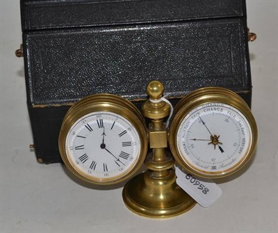 Lot 279 - A brass compendium desk piece, comprising, thermometer, aneroid barometer and timepiece, circa...