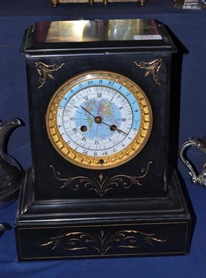 Lot 284 - A black slate striking mantel clock with 24-hour and world time indication, Brevete Ch...