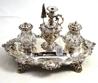 Lot 303 - A Victorian silver inkstand, Henry Wilkinson & Co, Sheffield 1848, the shaped oval base...