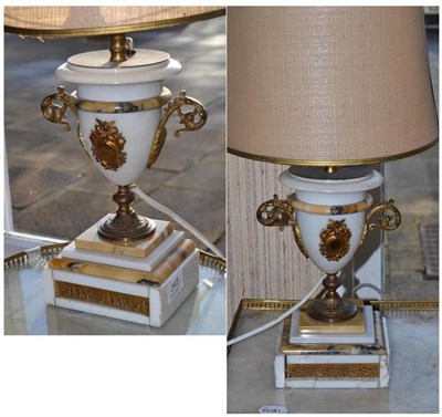 Lot 345 - A pair of late 19th century marble and gilt mounted table lamps, 25cm high