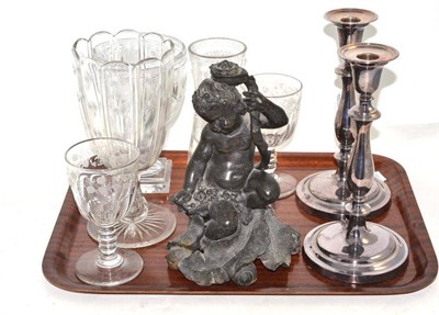 Lot 385 - A tray including a pair of Sheffield plate candlesticks, 19th century lead figure, 19th century...