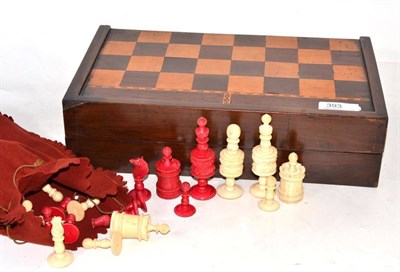 Lot 393 - 19th century chess and backgammon gaming box and bone chess pieces