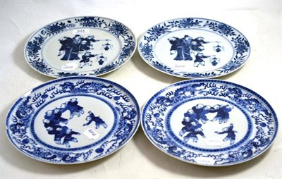 Lot 394 - Two pairs of late 19th century Chinese blue and white plates decorated with boys, 24cm diameter