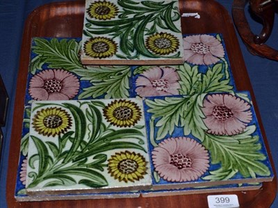 Lot 399 - Five William De Morgan early and late Fulham Period 6"; Tiles, K.L.Rose pattern, impressed...